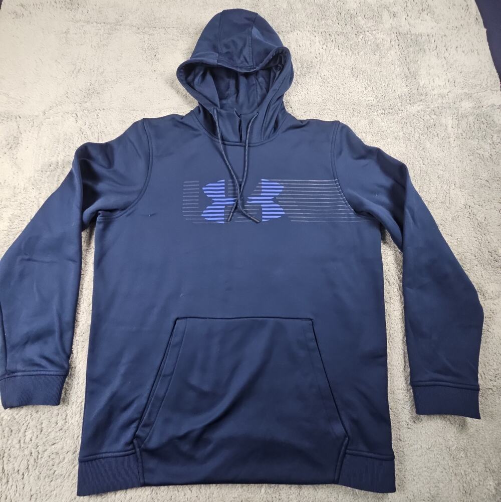 Mens Large Navy ColdGear Pullover Hoodie Loose Fit Performance by Under Armor